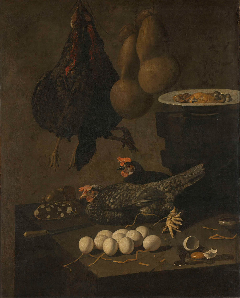 giovanni-battista-recco-1640-still-life-with-chickens-and-eggs-art-print-fine-art-reproduction-wall-art-id-atwheyg17