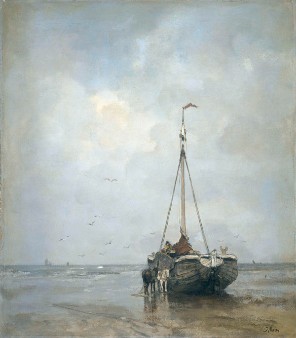 jacob-maris-1885-bluff-bowed-fishing-boat-on-the-beach-at-scheveningen-art-print-fine-art-reproduction-wall-art-id-aufbjz9n3