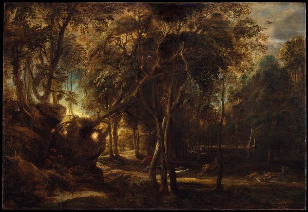 peter-paul-rubens-1635-a-forest-at-dawn-with-a-deer-hunt-art-print-fine-art-reproduction-wall-art-id-aujdgby0n