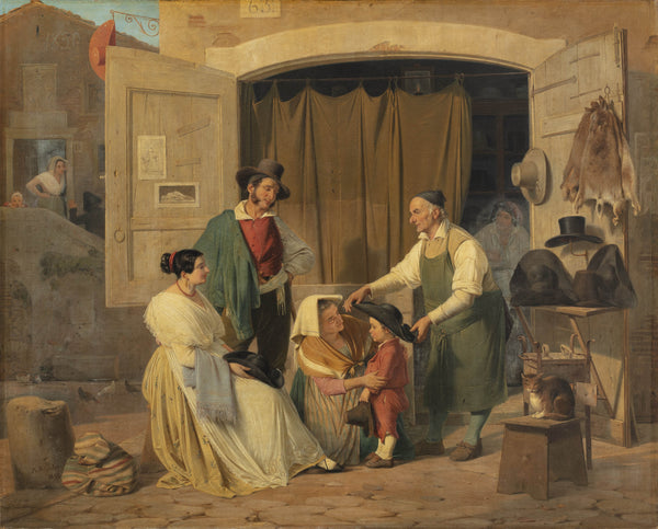 albert-kuchler-1840-roman-peasants-buying-a-hat-for-their-little-son-who-is-to-be-an-abbate-art-print-fine-art-reproduction-wall-art-id-aunaotx7r