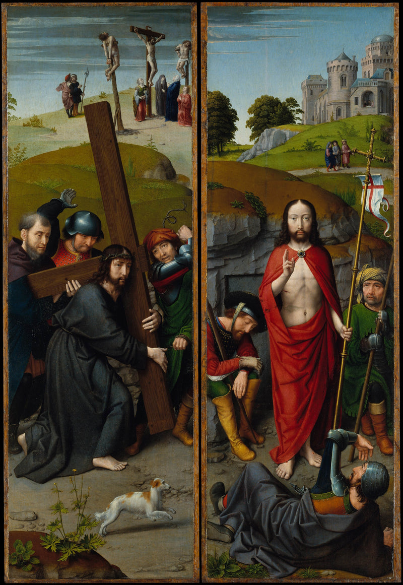 gerard-david-1510-christ-carrying-the-cross-with-the-crucifixion-the-resurrection-with-the-pilgrims-of-emmaus-art-print-fine-art-reproduction-wall-art-id-aunlukuj0