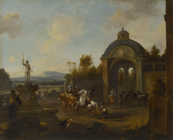 pieter-wouwerman-1660-hunting-party-at-a-fountain-art-print-fine-art-reproduction-wall-art-id-auqmtg1ou