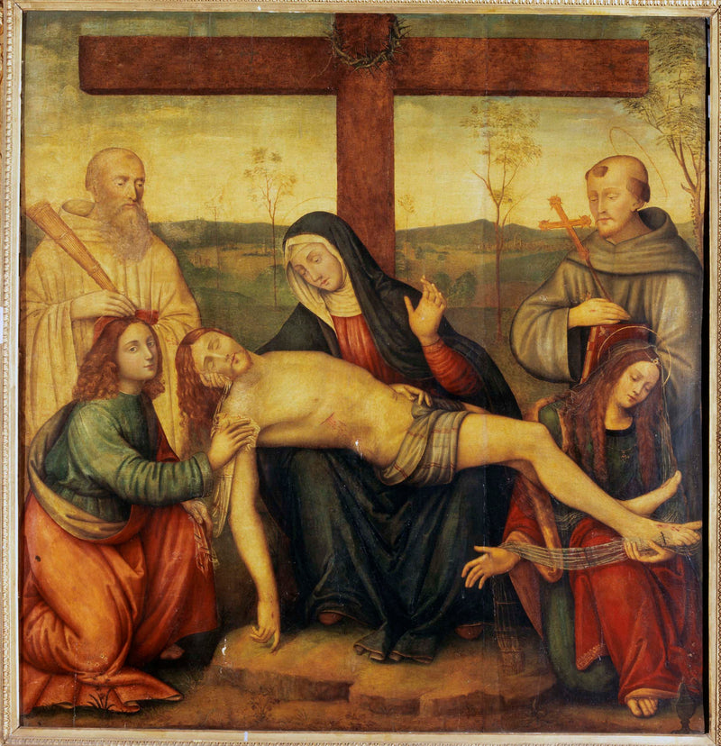 raffaellino-del-garbo-ou-dei-carli-ou-dei-capponi-1500-pieta-with-st-benedict-st-francis-st-john-and-st-mary-magdalene-art-print-fine-art-reproduction-wall-art