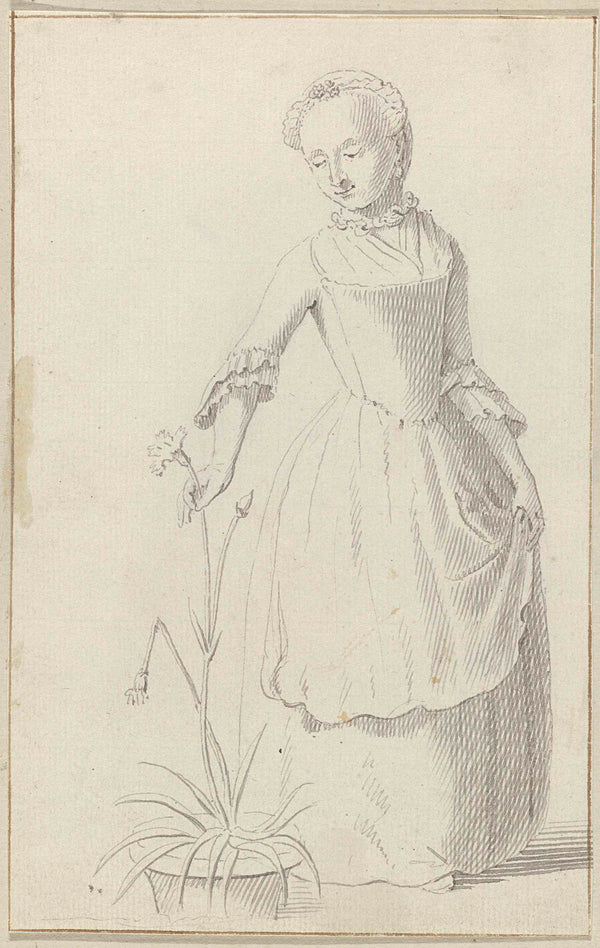 unknown-1700-standing-woman-picking-a-flower-from-a-plant-in-a-flowerpot-art-print-fine-art-reproduction-wall-art-id-av3ytis5t