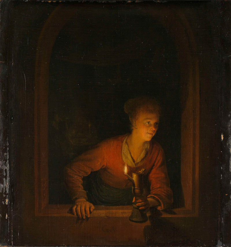 gerard-dou-1645-girl-with-oil-lamp-at-a-window-curiosity-art-print-fine-art-reproduction-wall-art-id-av419aqss