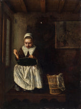 尼古拉斯·梅斯（Nicolaes-Maes）的一个女孩在缝制艺术印刷精美的艺术复制品-墙-艺术-id-avjvk5brj