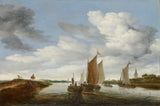 salomon-van-ruysdael-1660-flodlandskab-med-sejlbåde-og-en-hestetrukket-pram-kunst-print-fin-kunst-reproduktion-vægkunst-id-avt47wbp8