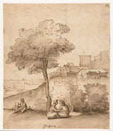 okänt-1600-italienskt-landskap-med-flera-figurer-under-ett-träd-konsttryck-finkonst-reproduktion-väggkonst-id-aw91m3nah