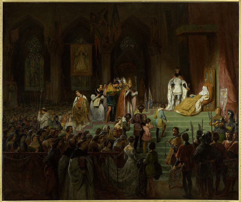 gillot-saint-evre-1827-public-tributes-in-the-church-of-santa-clara-coimbra-the-remains-of-ines-de-castro-exhumed-and-proclaimed-queen-of-portugal-pat-the-orders-of-don-pedro-in-1350-art-print-fine-art-reproduction-wall-art