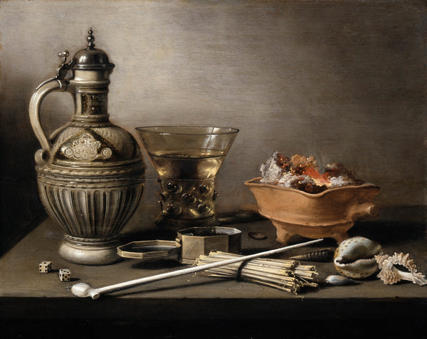 pieter-claesz-1640-still-life-with-a-stoneware-jug-berkemeyer-and-smoking-art-print-fine-art-reproduction-wall-art-id-awvcxhnff