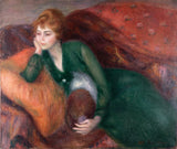 威廉·詹姆斯·格拉肯斯1915年，年轻的女人，穿着绿色艺术印花，精美的艺术复制品-墙-艺术-id-ax7thul3q