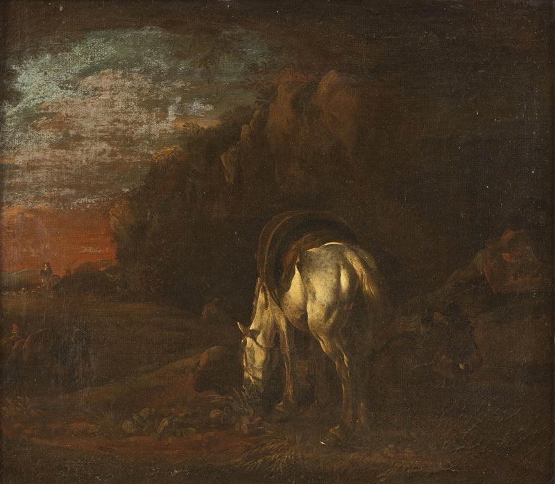 michelangelo-cerquozzi-landscape-with-a-white-horse-grazing-art-print-fine-art-reproduction-wall-art-id-axiduv6su