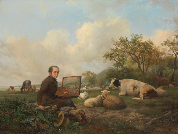 hendrikus-van-de-sande-bakhuyzen-1850-the-artist-painting-a-cow-in-a-meadow-art-print-fine-art-reproduction-wall-art-id-axm9de6hn