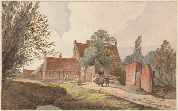 hendrik-abraham-klinkhamer-1859-houses-along-a-path-near-amsterdam-art-print-fine-art-reproduction-wall-art-id-axtqw9dfc