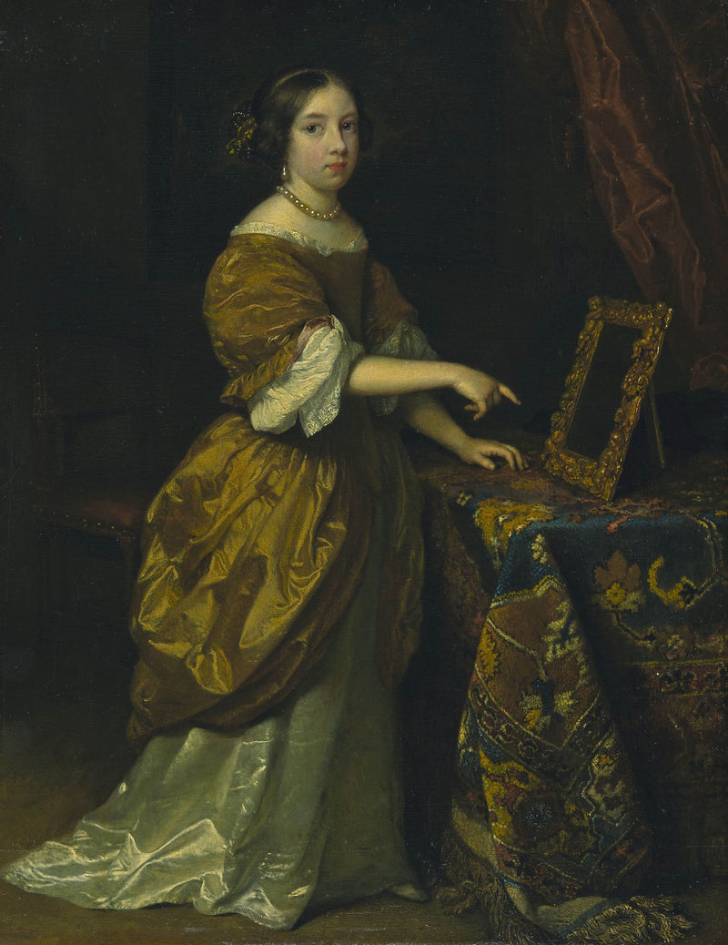 caspar-netscher-1668-girl-standing-before-a-mirror-art-print-fine-art-reproduction-wall-art-id-ay608oy5e