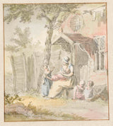 pieter-bartholomeusz-barbiers-1782-mãe-e-filhos-sentados-na-frente-da-casa-impressão de arte-reprodução-de-arte-parede-id-ay871op6l