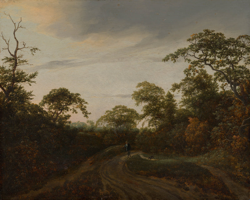 jacob-van-ruisdael-1648-road-through-a-wooded-landscape-at-twilight-art-print-fine-art-reproduction-wall-art-id-aygqvpc8k