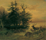 Fridrihs-augusts-matiass-gauermans-1850-suhl-end-deer-on-the-shore-of-a-mountain-lake-art-print-fine-art-reproduction-wall-art-id-ayh389jh4