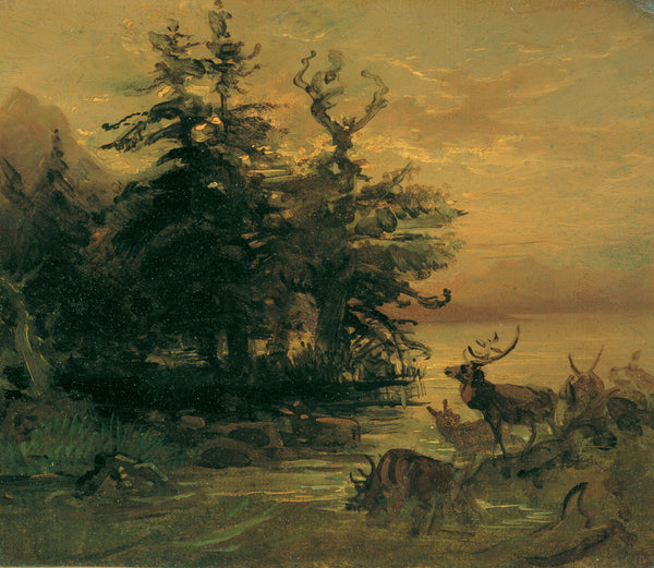 friedrich-august-mathias-gauermann-1850-suhl-end-deer-on-the-shore-of-a-mountain-lake-art-print-fine-art-reproduction-wall-art-id-ayh389jh4