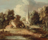 thomas-gainsborough-1772-landskap-med-stuga-och-kyrkokonsttryck-finkonst-reproduktion-väggkonst-id-ayisuykpl