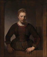 verksted-av-rembrandt-van-rijn-1645-ung-kvinne-ved-en-åpen-halvdør-kunsttrykk-fin-kunst-reproduksjon-veggkunst-id-ayk6exjj4
