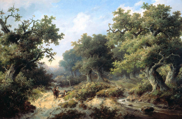 jacob-cremer-1849-wooded-landscape-with-travelers-art-print-fine-art-reproduction-wall-art-id-aytk59s8l