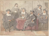 unknown-1700-group-partrait-of-six-men-sitting-and-standing-around-a-table-art-print-fine-art-reproduction-wall-art-id-azm6uoeqd