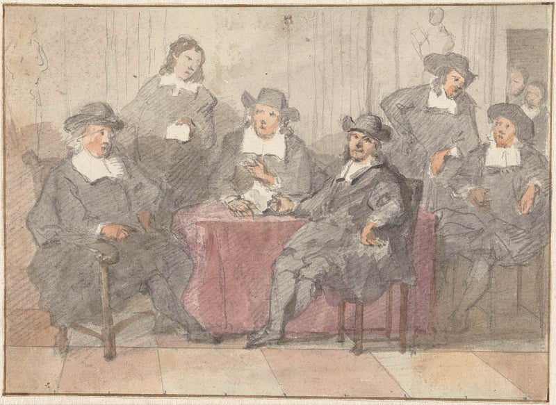 unknown-1700-group-portrait-of-six-men-sitting-and-standing-around-a-table-art-print-fine-art-reproduction-wall-art-id-azm6uoeqd