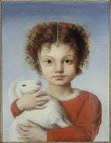 josephine-nee-rochette-calamatta-1848-retrato-de-lina-calamatta-criança-com-um-cordeiro-nos-braços-arte-impressão-fine-art-reprodução-arte-parede