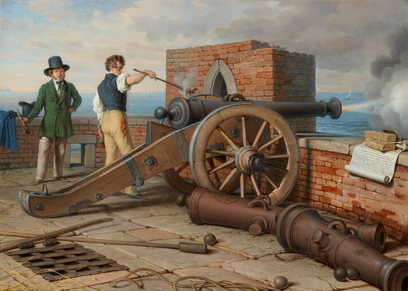 johann-peter-krafft-1849-artist-friends-solve-a-cannon-shot-at-the-fortress-michele-at-ostia-ferdinand-hunt-and-peter-krafft-art-print-fine-art-reproduction-wall-art-id-azy97mmbj